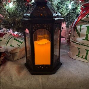 Bronze and Black  Lantern with Flickering Orange LED Candle